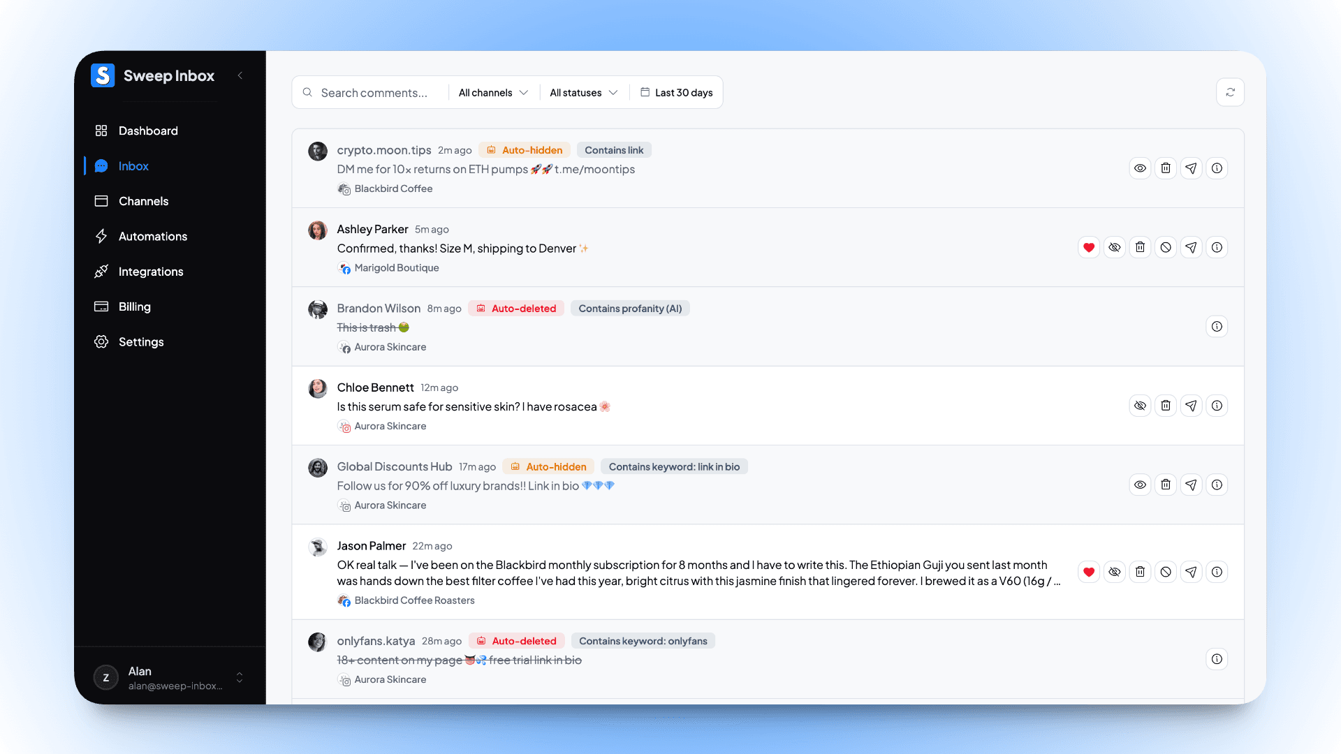Wide screenshot of the Sweep dashboard inbox. Top nav with the Sweep logo on the left and the user avatar on the right. Left sidebar lists connected Pages with comment counts. Main panel shows a vertical stream of comments grouped by post, each row with: avatar + commenter name + comment text + a colored status chip (Visible / Hidden by AI / Hidden by keyword) + inline action buttons (Hide, Reply, Restore). Top of main panel: status filter pills (All, Visible, Hidden, Deleted) and a search input.