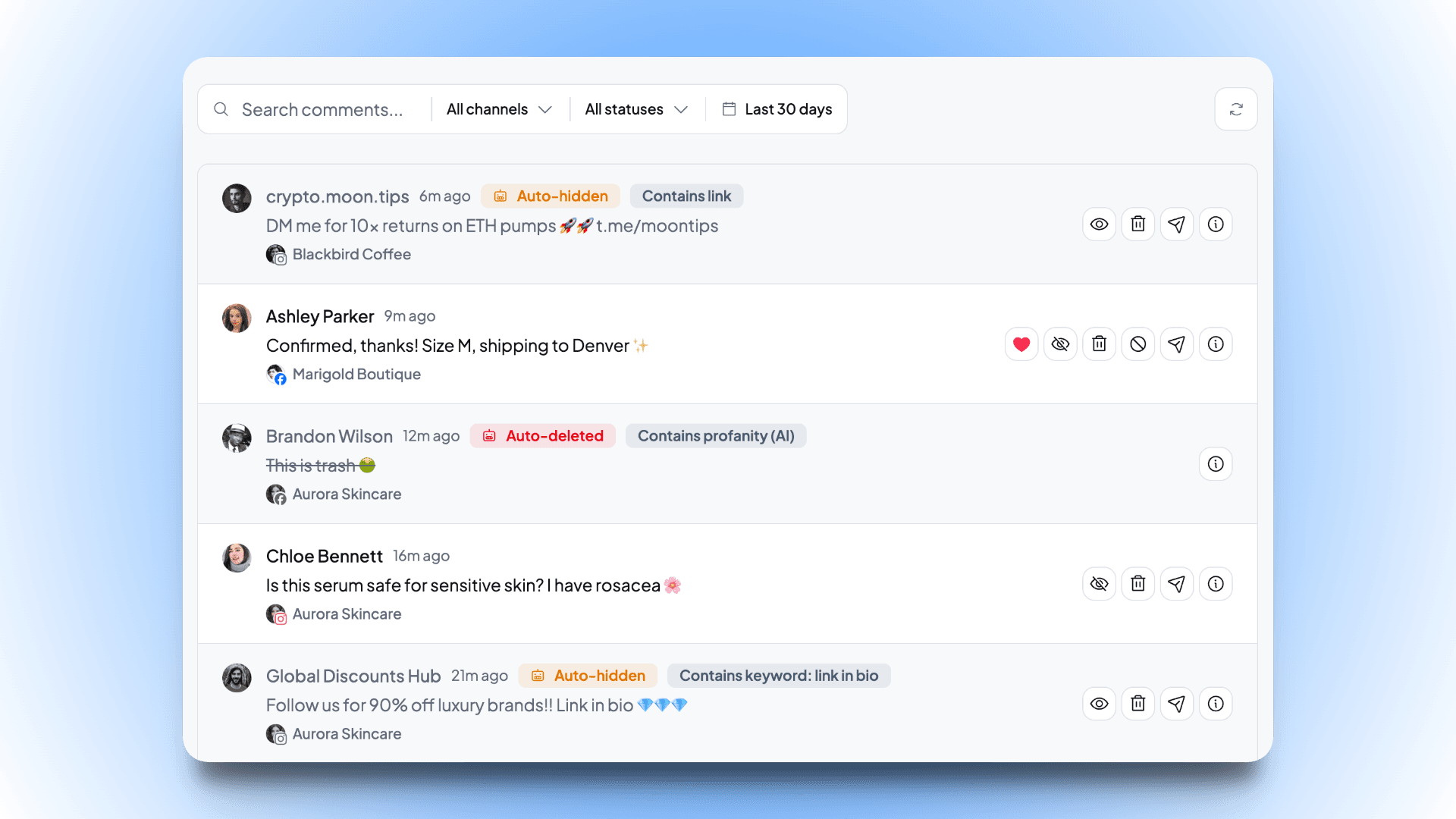Inbox view screenshot. Left column: list of Pages with comment counts next to each. Main column: chronological list of comments. Each row = avatar, commenter name, comment text, posted-on (page or ad name), a status chip (Visible / Hidden by AI / Hidden by keyword), and inline action buttons (Hide, Reply, Restore). Filter bar at the top with status pills and a search input.