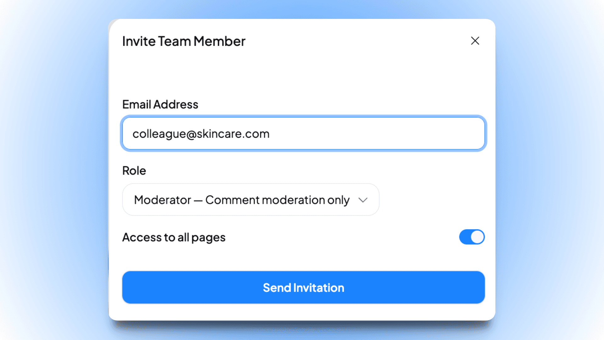Invite teammate dialog in Sweep, choosing a role and the Pages the new teammate can moderate.