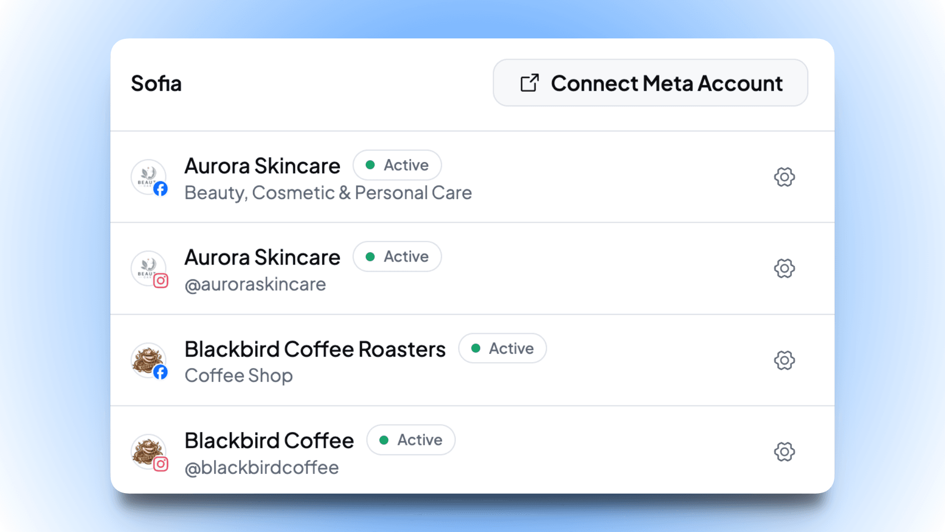 Side-by-side comparison view showing three Pages (e.g. Northshore Fitness, Acme SaaS, GreenLeaf Coffee). Each Page has its own mini-panel of moderation rules, demonstrating that one Page blocks competitor names, another hides URLs, another has Profanity AI enabled at higher sensitivity. Highlights the per-Page independence visually.