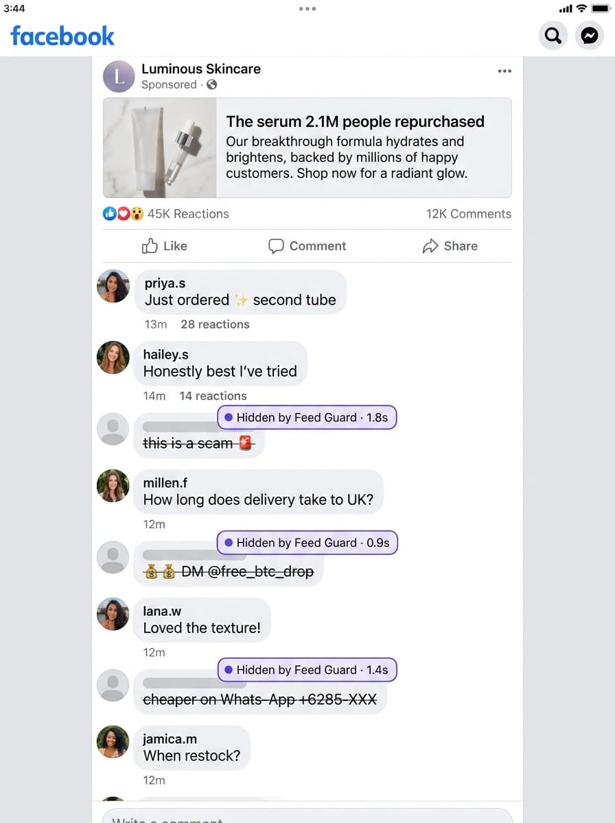 The same comment section after Feed Guard AI moderation — clean.