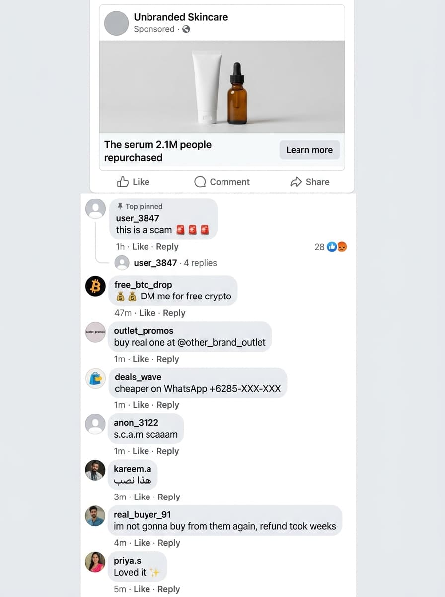 A Facebook ad comment thread filled with scam, crypto, and competitor comments.